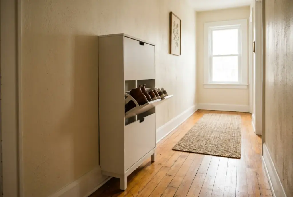 Slim white tip-out shoe cabinet in a narrow hallway with one drawer open showing shoes stored upright