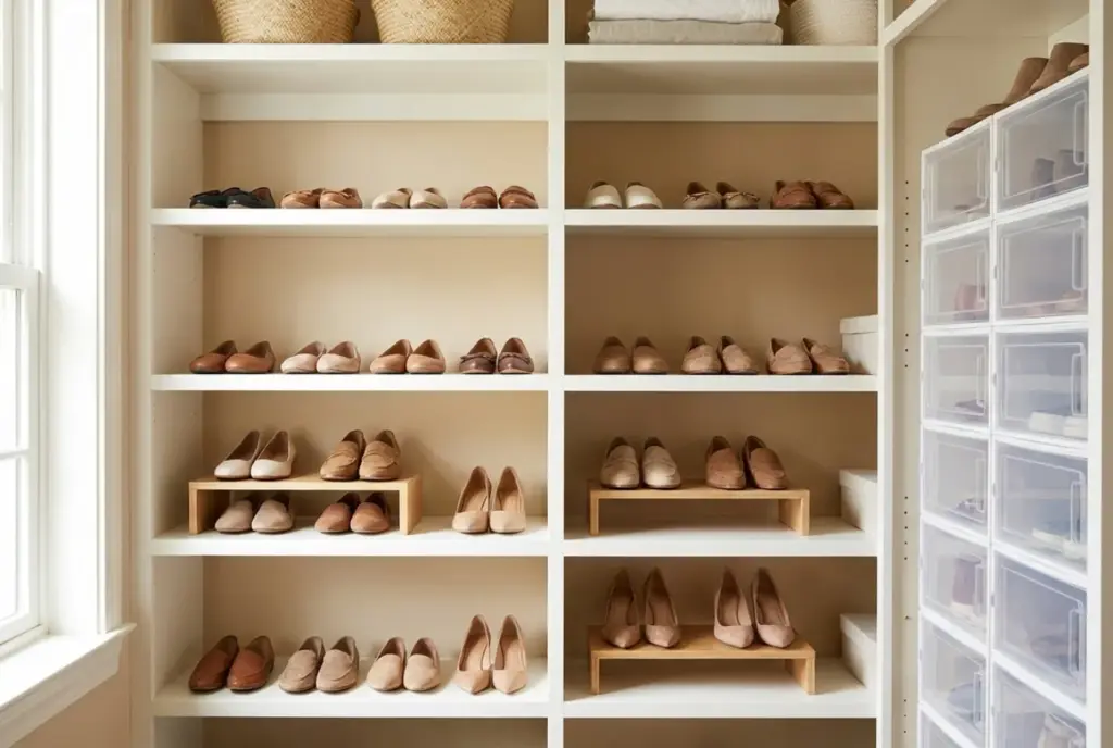 Closet shelves with risers holding rows of flats and heels beside stacked clear shoe boxes