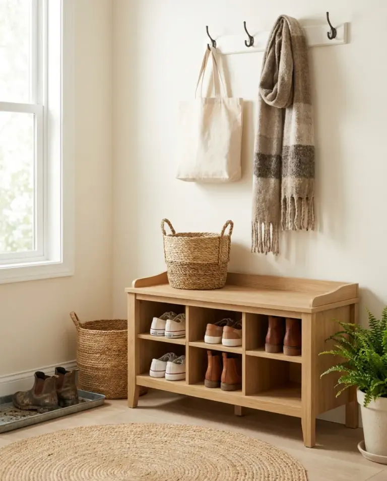 Light oak shoe storage bench in a bright entryway with sneakers and boots in open cubbies and hooks above