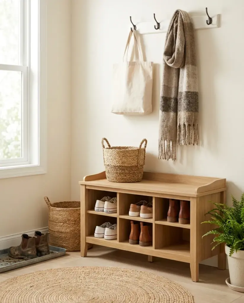 Light oak shoe storage bench in a bright entryway with sneakers and boots in open cubbies and hooks above